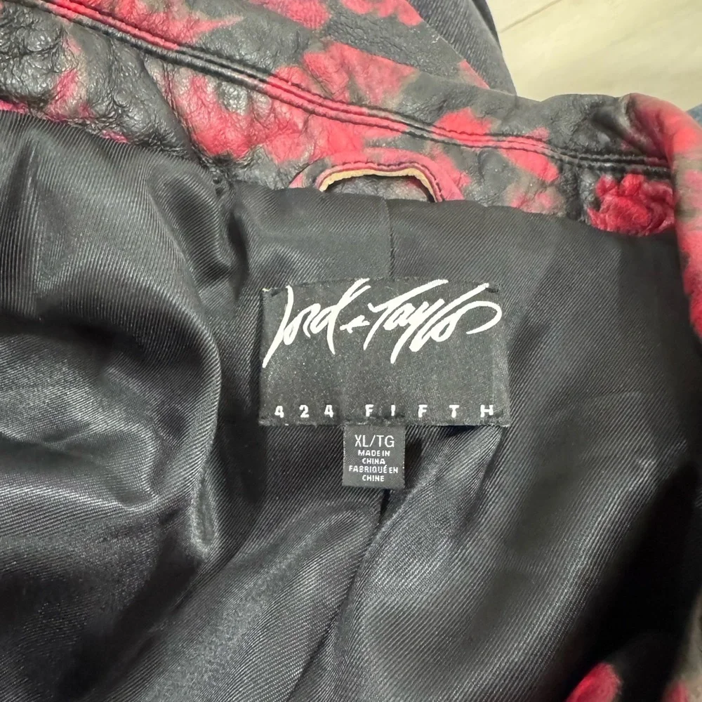 Lord & Taylor 424 Fifth Red Rose Black Leather Moto Biker Jacket - Picture 9 of 10